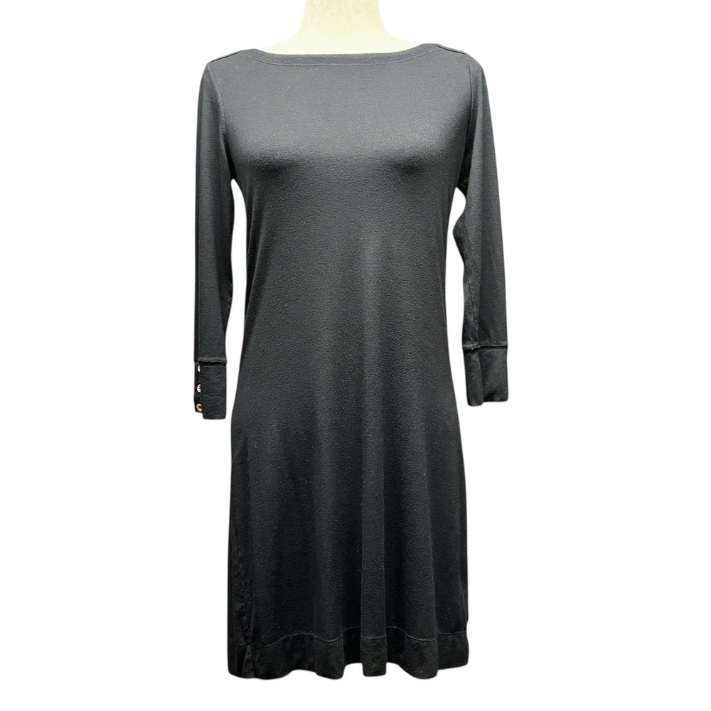 Lilly Pulitzer Black Boatneck Rayon Long Sleeve Sheath Dress Gold Button Size S